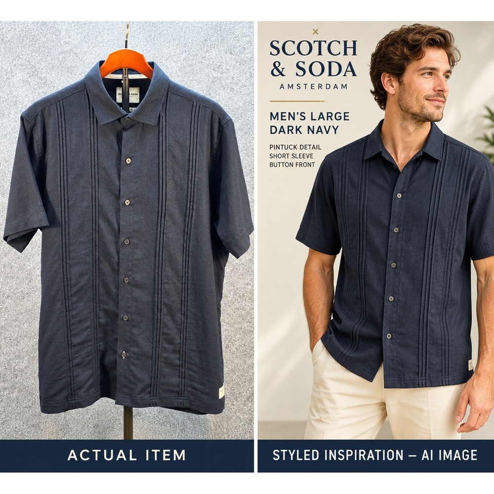 Scotch & Soda Button Front Shirt Mens Pintuck Short Sleeve Navy L Excellent Cool